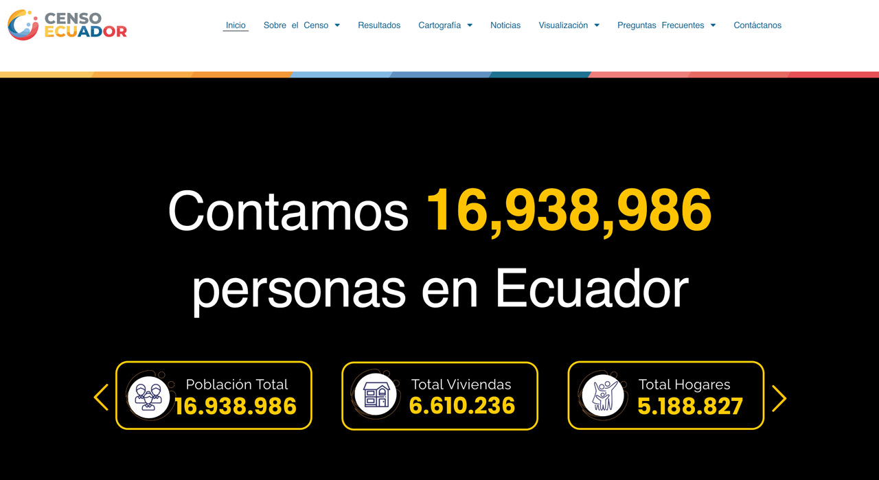 CensoEcuador hero with live population, housing, and household totals