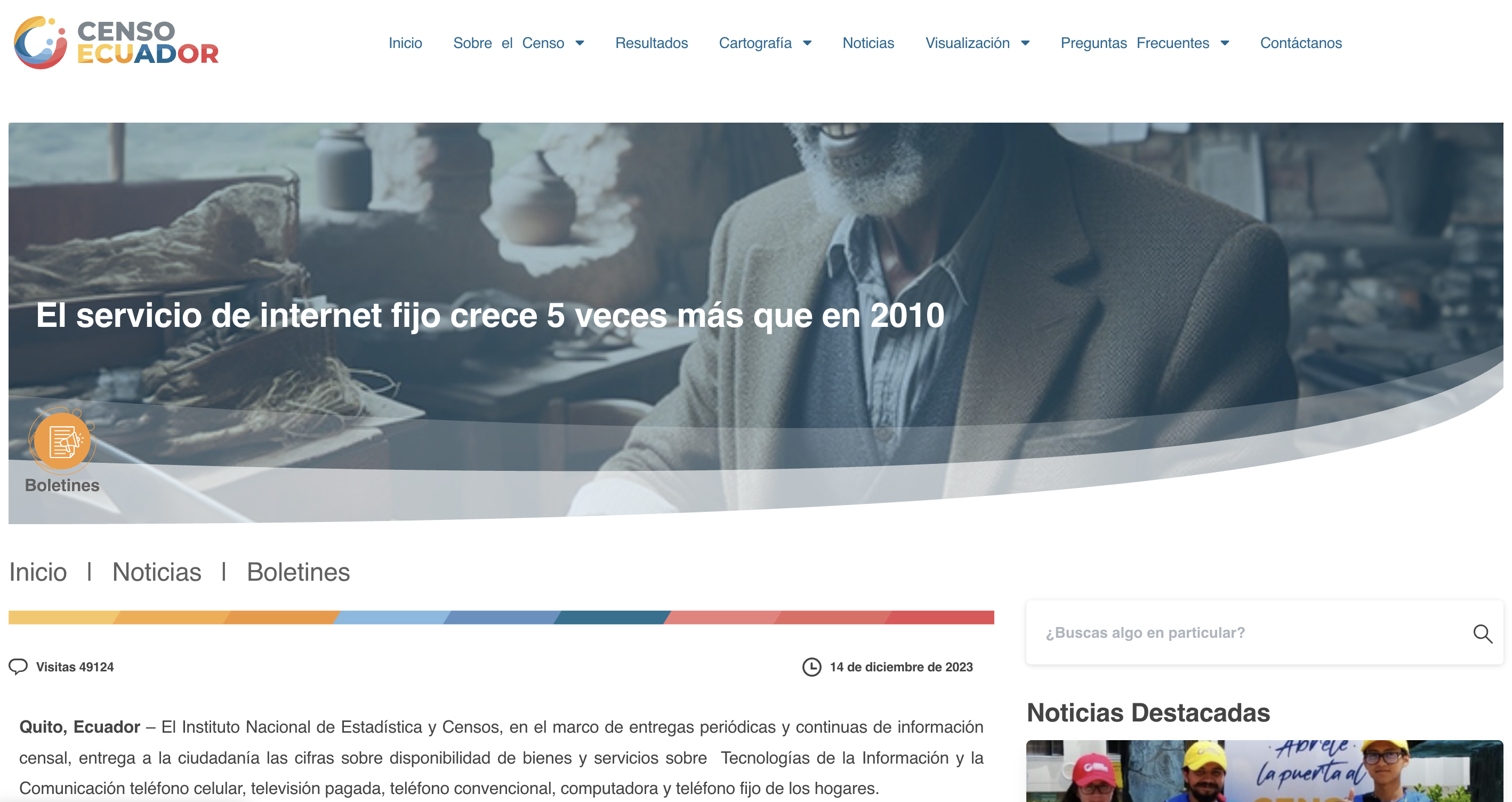 Bulletin article page with search and featured news sidebar
