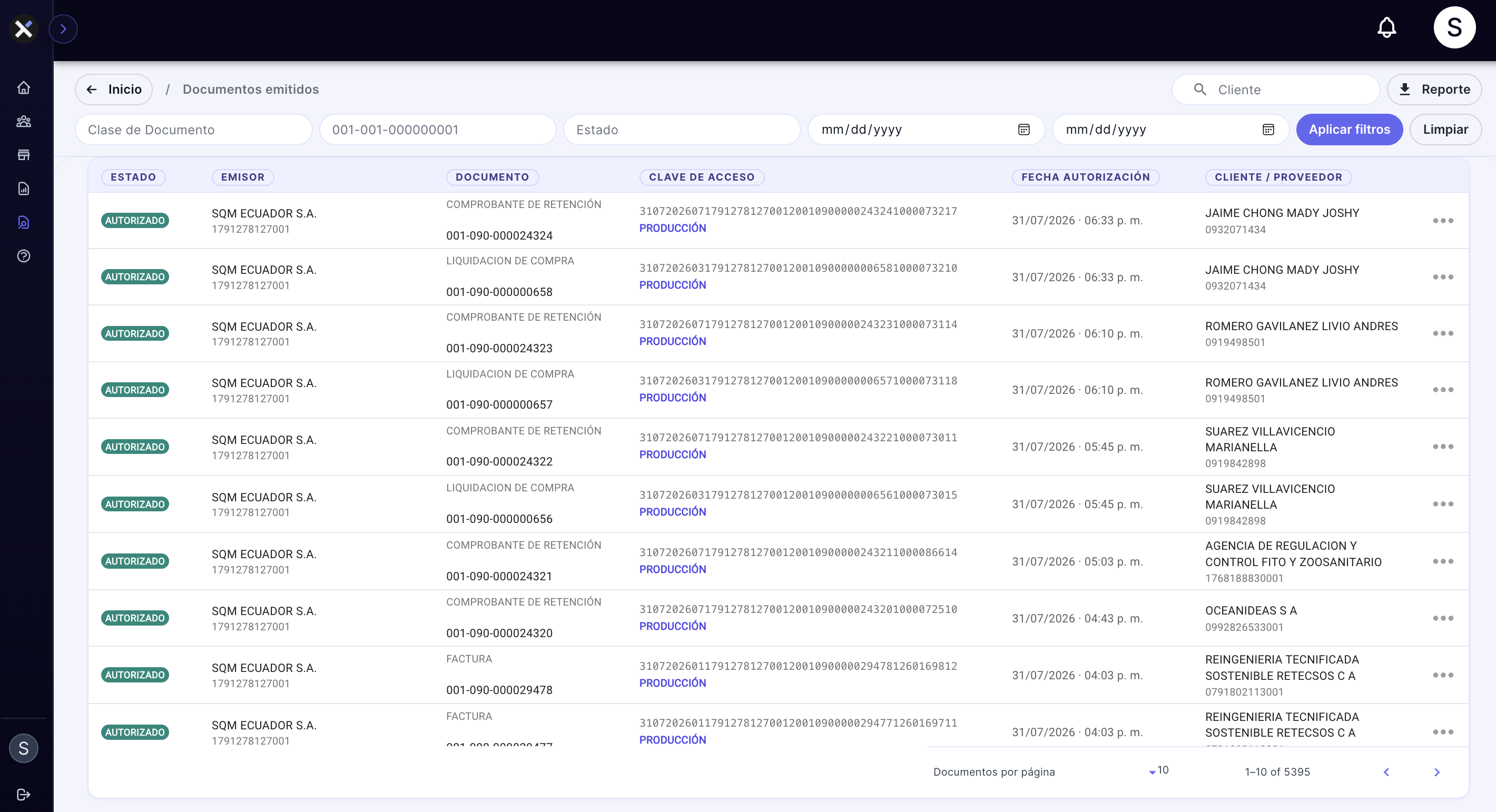 Issued documents portal with filters and authorized SRI access keys