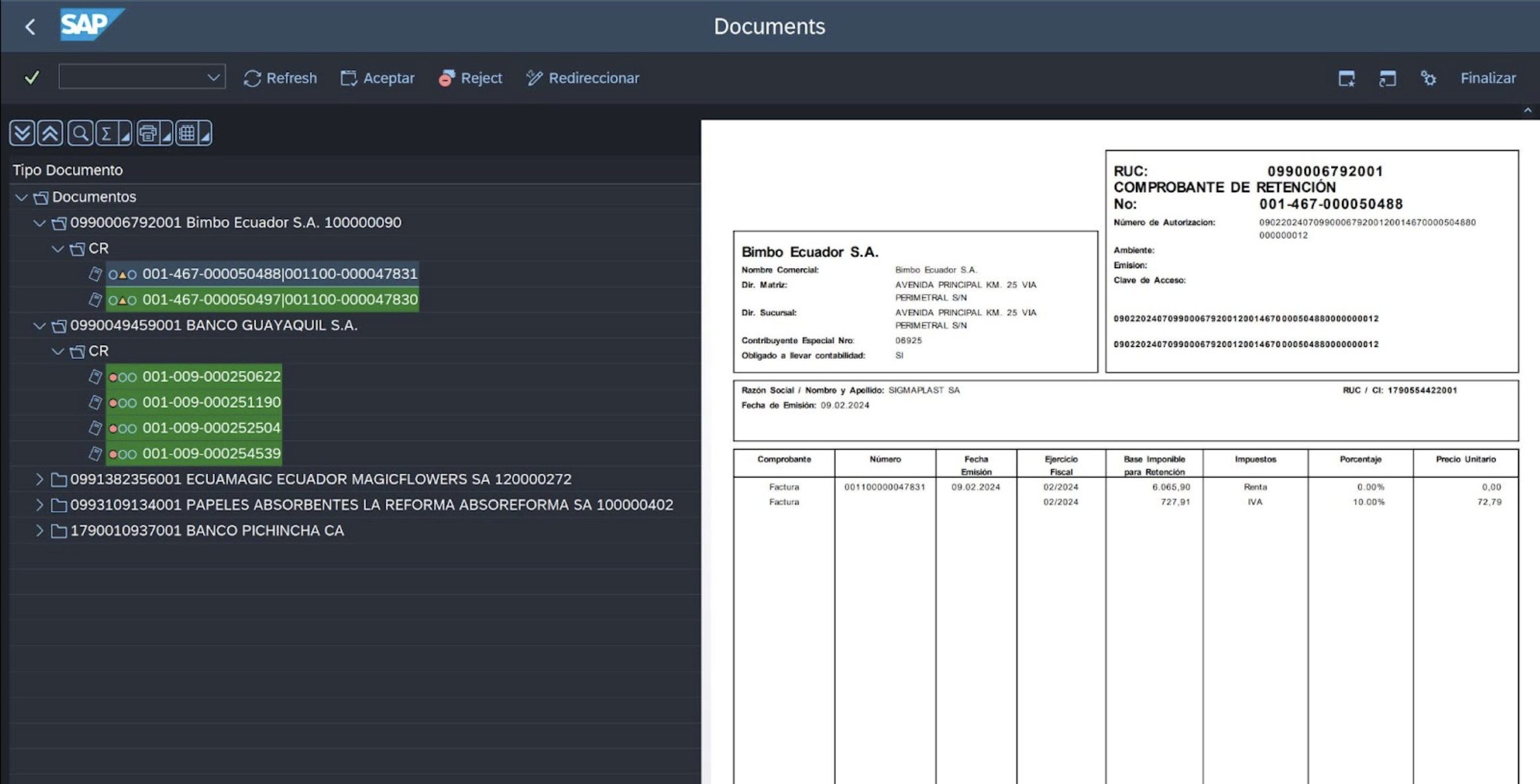 Electronic document reception viewer showing a withholding receipt